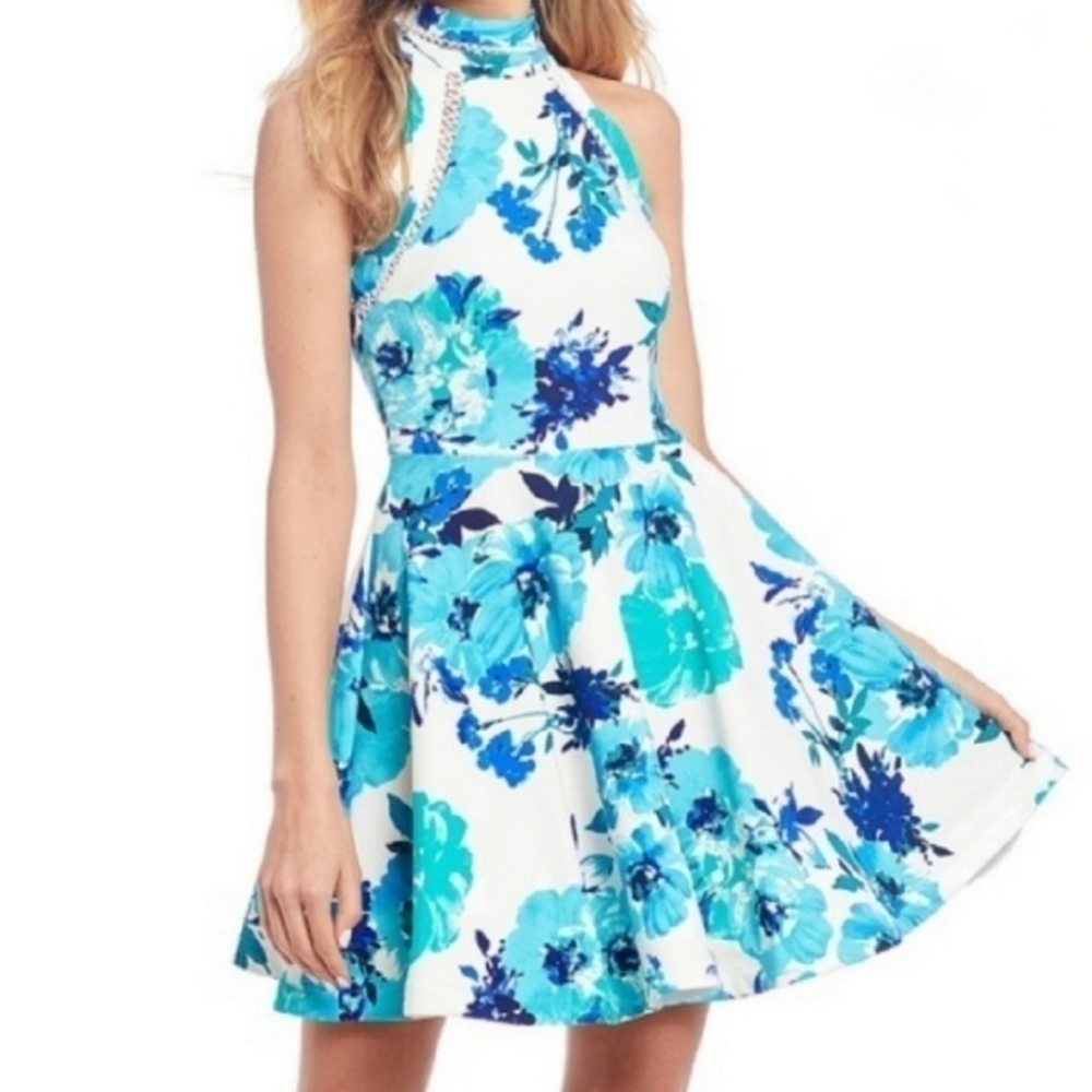 B Darlin Floral Fit and Flare Mock Neck Crochet Trim Dress Turquoise Blue 5 / 6